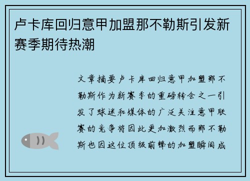 卢卡库回归意甲加盟那不勒斯引发新赛季期待热潮